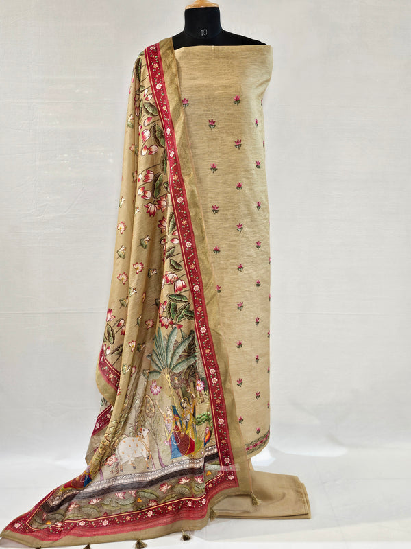 Brown Linen Embroidered Unstitched Suit with Pichwai Art