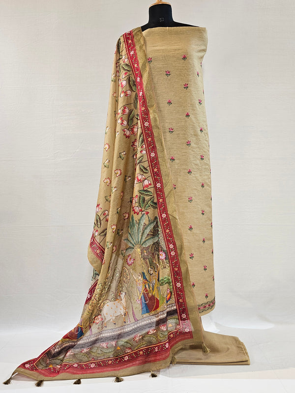 Brown Linen Embroidered Unstitched Suit with Pichwai Art