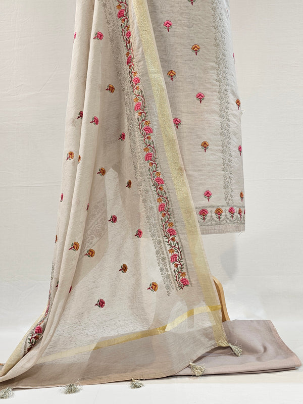 Elegant Light Grey Embroidered Linen Suit
