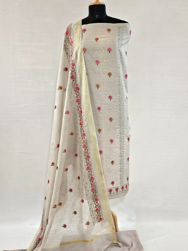 Elegant Light Grey Embroidered Linen Suit