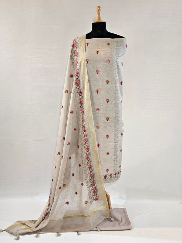 Elegant Light Grey Embroidered Linen Suit