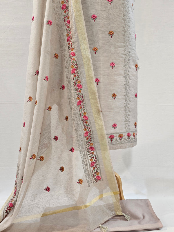 Elegant Light Grey Embroidered Linen Suit