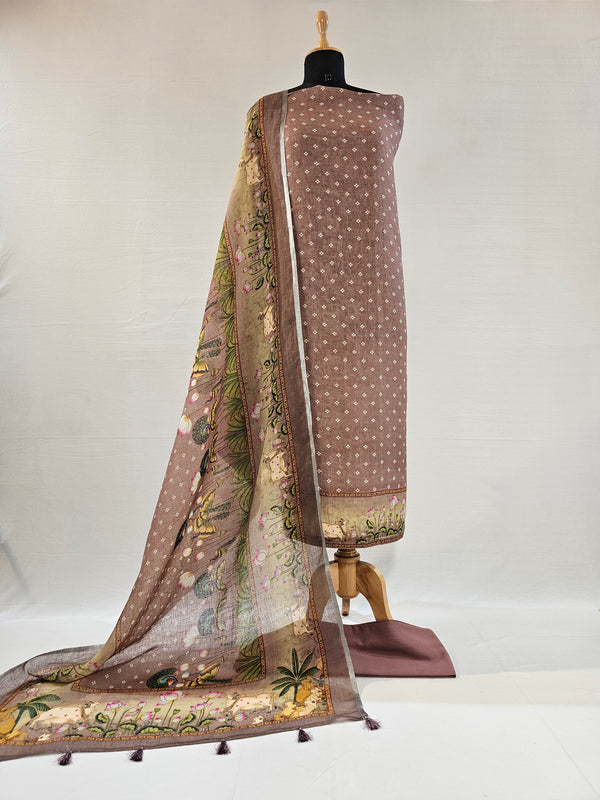 Wine Linen Pichwai Art Unstitched Suit