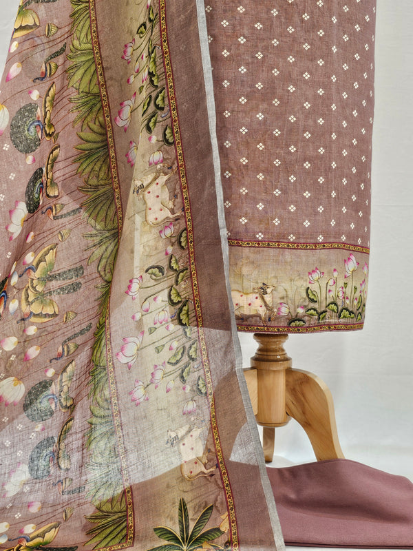 Wine Linen Pichwai Art Unstitched Suit