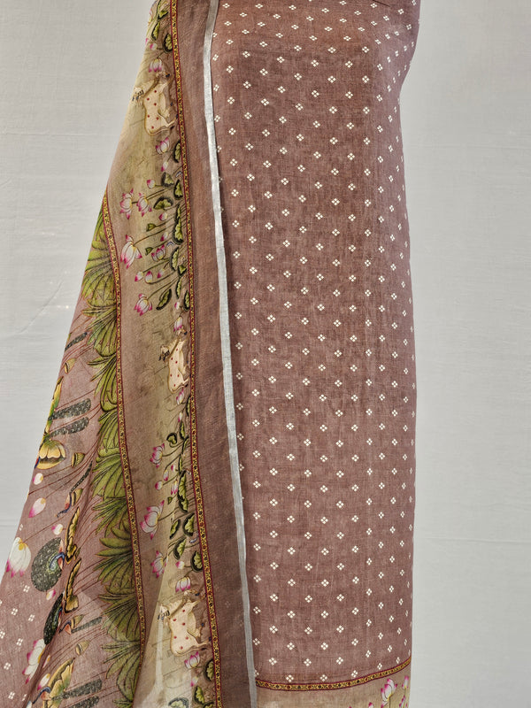Wine Linen Pichwai Art Unstitched Suit