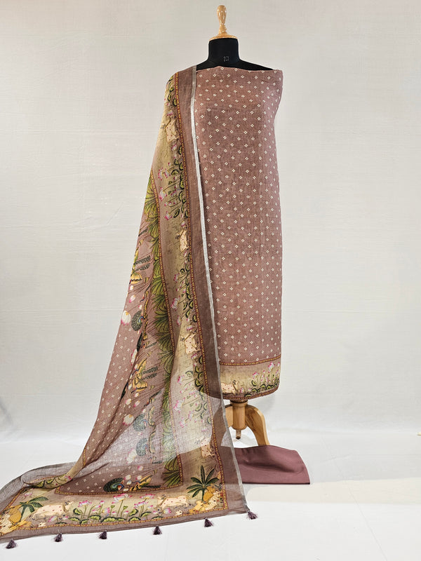 Wine Linen Pichwai Art Unstitched Suit