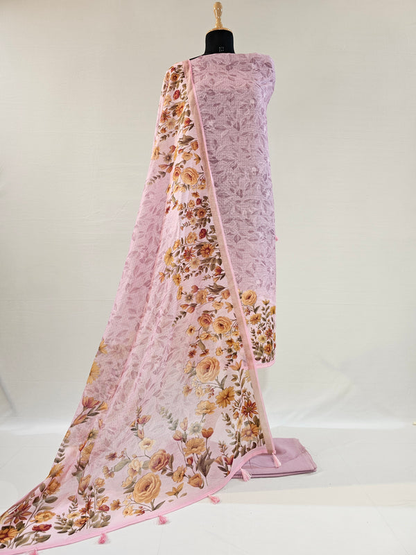 Onion Pink Digital Floral Linen Unstitched Suit Set