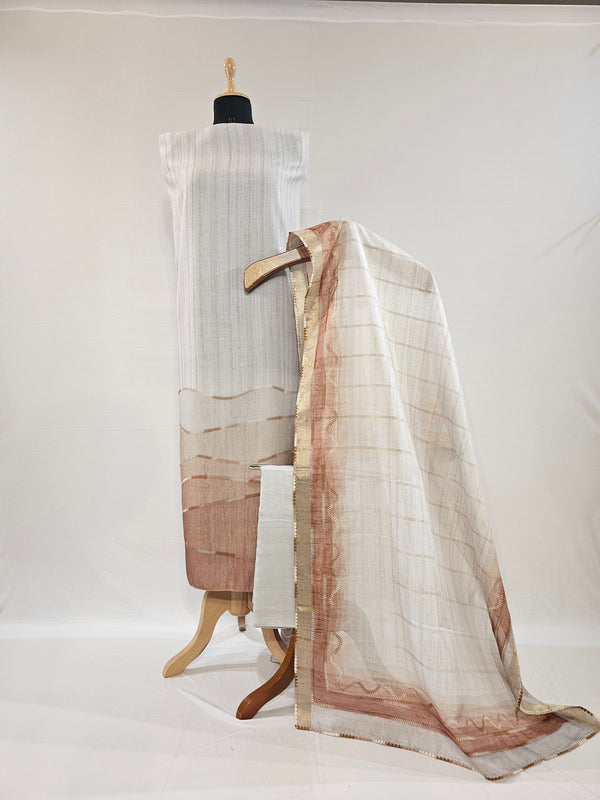 Soft Grey Chanderi Unstitched Suit Set with Embroidered Dupatta