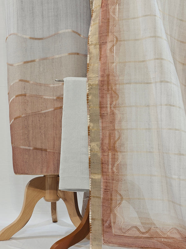 Soft Grey Chanderi Unstitched Suit Set with Embroidered Dupatta