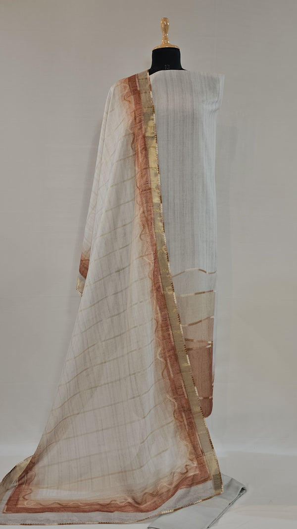 Soft Grey Chanderi Unstitched Suit Set with Embroidered Dupatta
