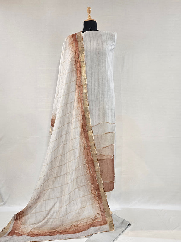 Soft Grey Chanderi Unstitched Suit Set with Embroidered Dupatta