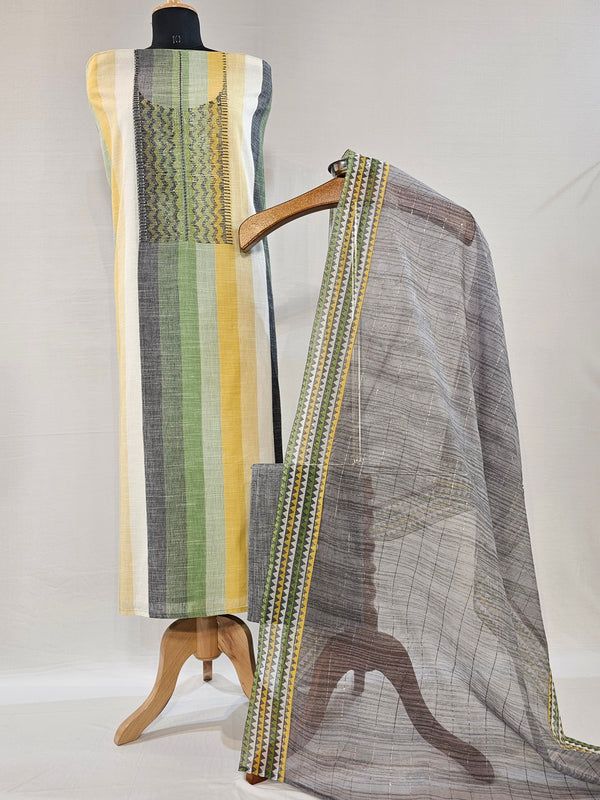 Lemon Green Multi Handloom Cotton Unstitched Suit