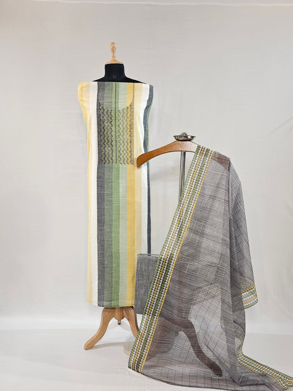 Lemon Green Multi Handloom Cotton Unstitched Suit