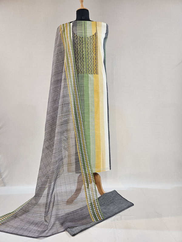 Lemon Green Multi Handloom Cotton Unstitched Suit
