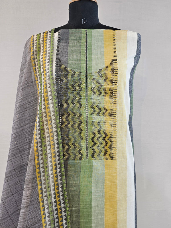 Lemon Green Multi Handloom Cotton Unstitched Suit