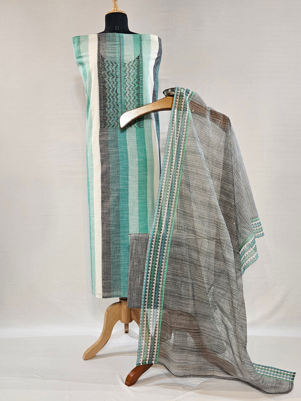 Elegant Handloom Cotton Unstitched Suit Set in Shades of Green & Grey