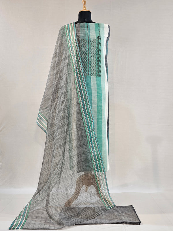 Elegant Handloom Cotton Unstitched Suit Set in Shades of Green & Grey