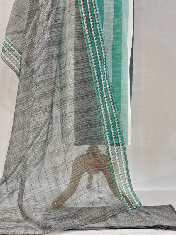 Elegant Handloom Cotton Unstitched Suit Set in Shades of Green & Grey