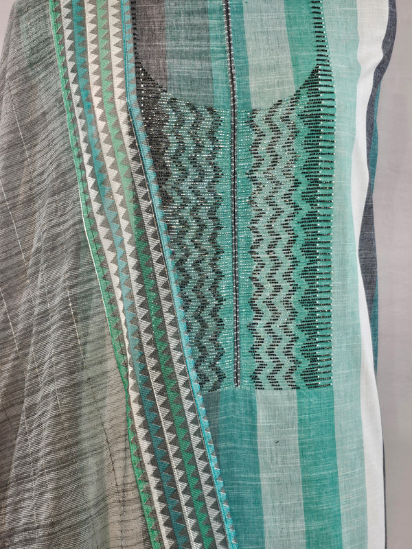 Elegant Handloom Cotton Unstitched Suit Set in Shades of Green & Grey