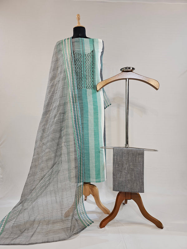 Elegant Handloom Cotton Unstitched Suit Set in Shades of Green & Grey