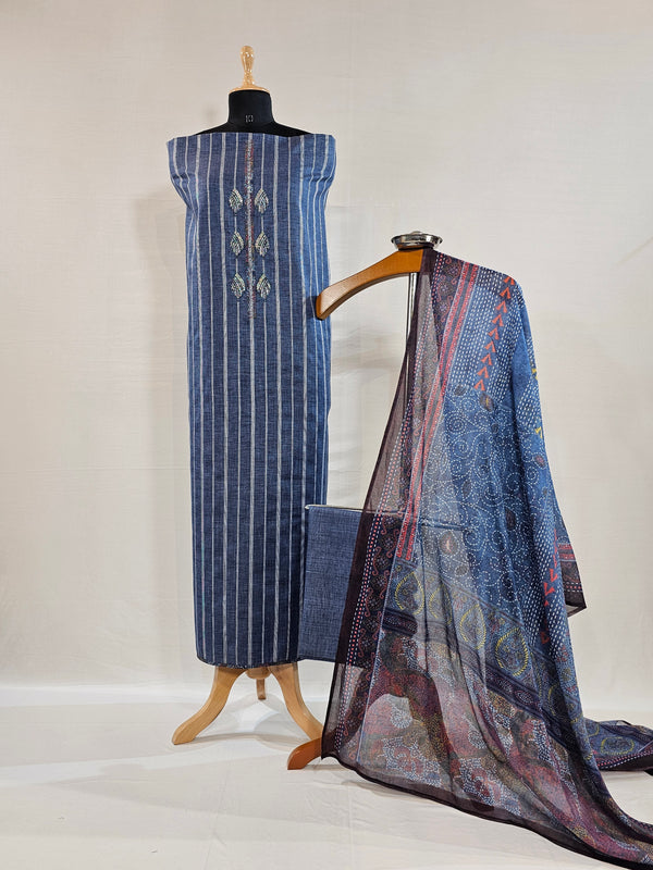 Denim Blue Beaded Elegance Cotton Suit Set