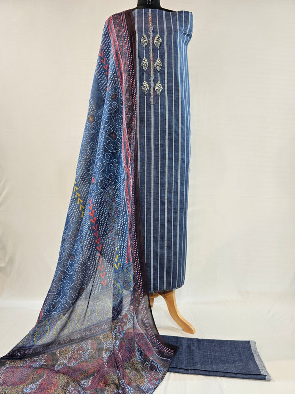 Denim Blue Beaded Elegance Cotton Suit Set