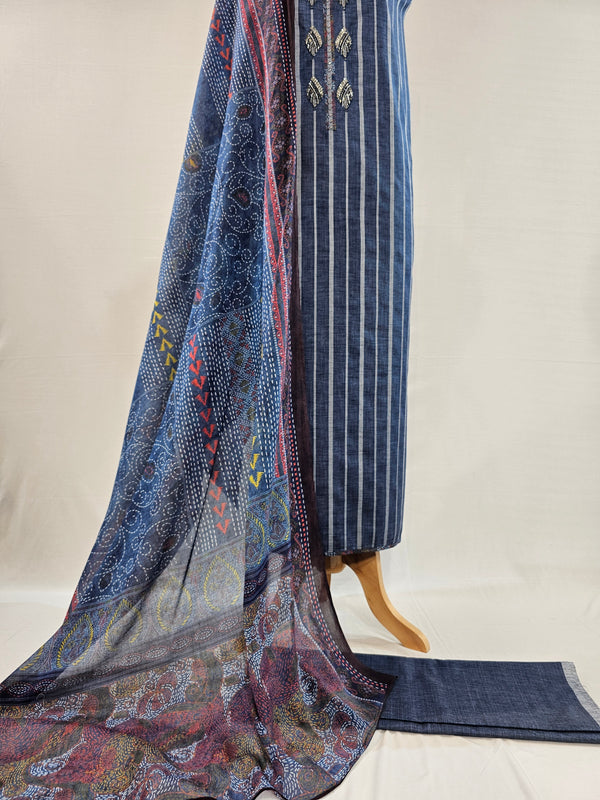 Denim Blue Beaded Elegance Cotton Suit Set