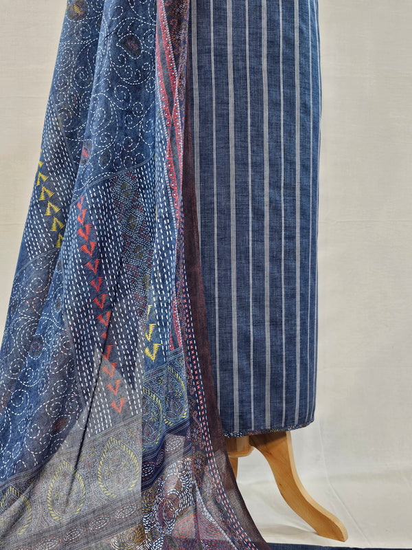 Denim Blue Beaded Elegance Cotton Suit Set