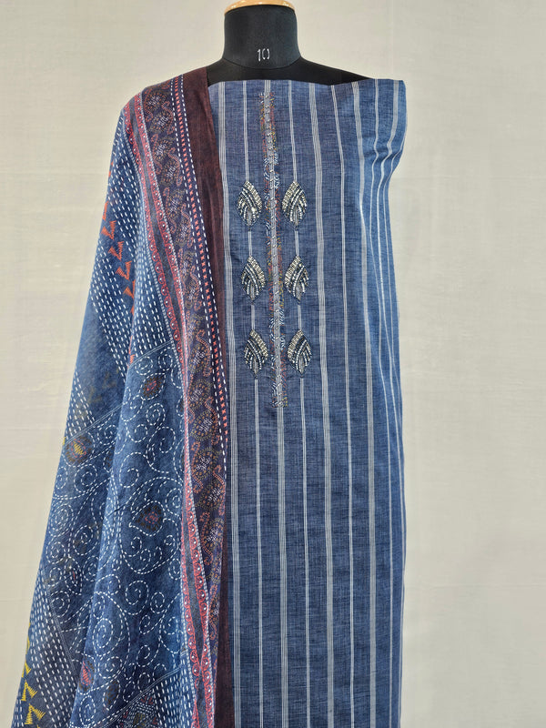 Denim Blue Beaded Elegance Cotton Suit Set