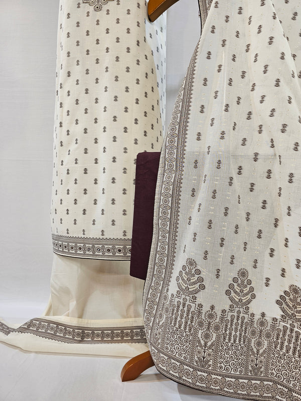 Elegant Cream Kora Cotton Unstitched Suit with Zari & Brown Thread Weave