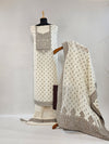 Elegant Cream Kora Cotton Unstitched Suit with Zari & Brown Thread Weave