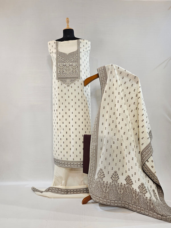 Elegant Cream Kora Cotton Unstitched Suit with Zari & Brown Thread Weave