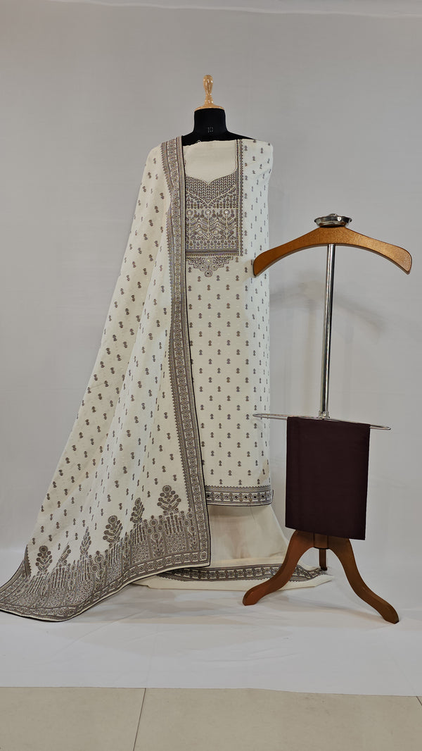 Elegant Cream Kora Cotton Unstitched Suit with Zari & Brown Thread Weave