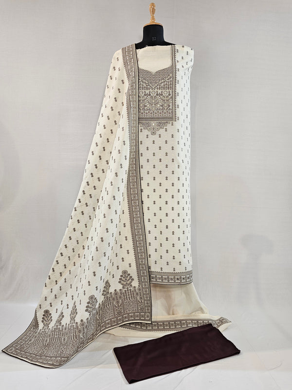 Elegant Cream Kora Cotton Unstitched Suit with Zari & Brown Thread Weave