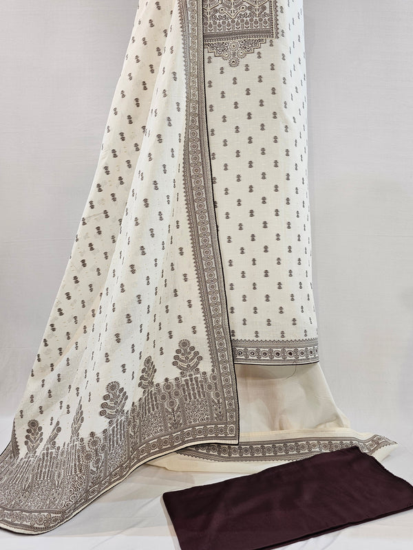 Elegant Cream Kora Cotton Unstitched Suit with Zari & Brown Thread Weave