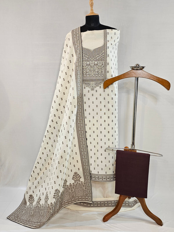Elegant Cream Kora Cotton Unstitched Suit with Zari & Brown Thread Weave
