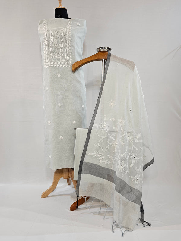 Soft Light Grey Chanderi Unstitched Suit Set with Real Mirror & Embroidery Work