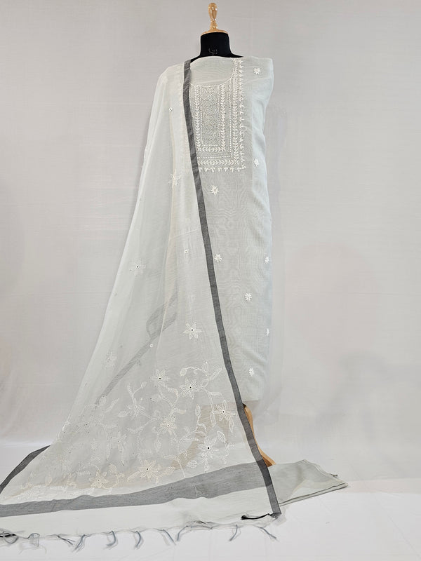 Soft Light Grey Chanderi Unstitched Suit Set with Real Mirror & Embroidery Work