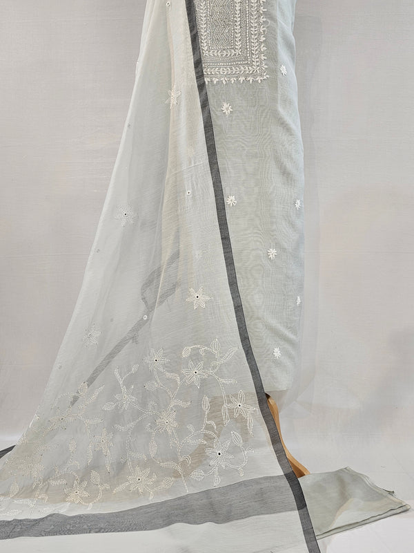 Soft Light Grey Chanderi Unstitched Suit Set with Real Mirror & Embroidery Work