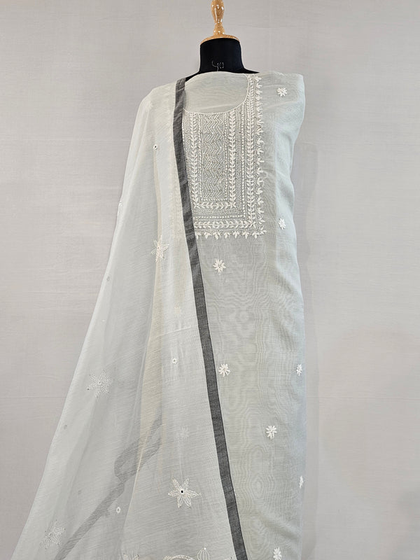 Soft Light Grey Chanderi Unstitched Suit Set with Real Mirror & Embroidery Work