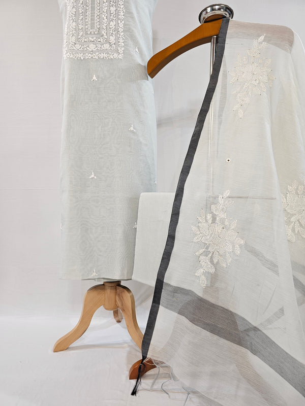 Soft Light Grey Chanderi Unstitched Suit Set with Real Mirror & Embroidery