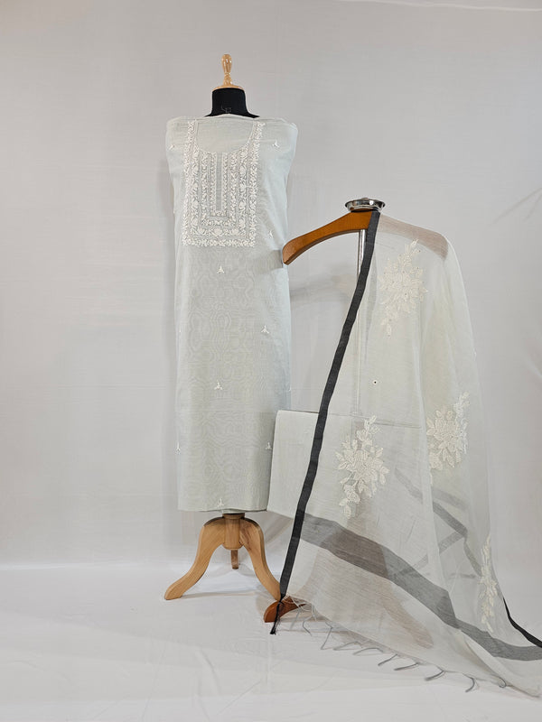 Soft Light Grey Chanderi Unstitched Suit Set with Real Mirror & Embroidery