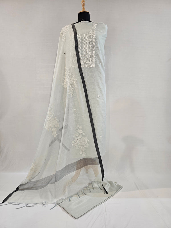 Soft Light Grey Chanderi Unstitched Suit Set with Real Mirror & Embroidery