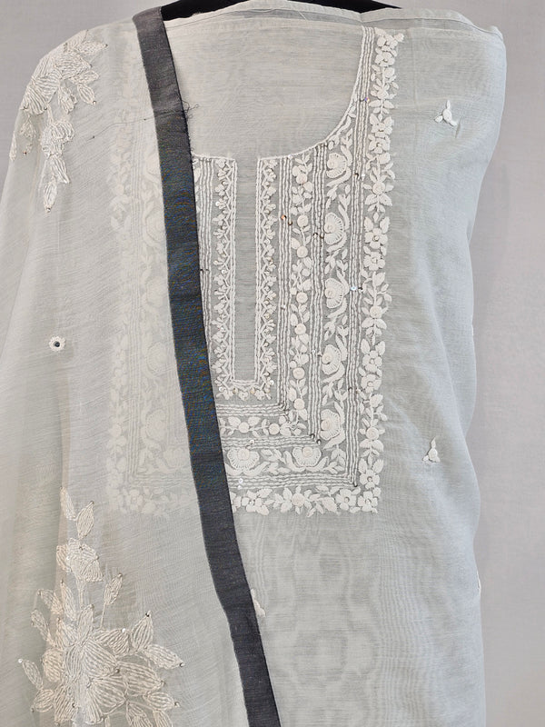 Soft Light Grey Chanderi Unstitched Suit Set with Real Mirror & Embroidery