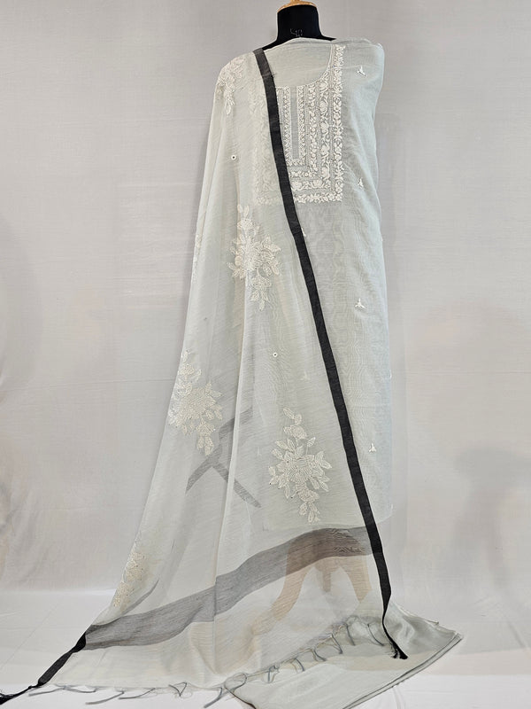 Soft Light Grey Chanderi Unstitched Suit Set with Real Mirror & Embroidery