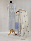 Soft Light Blue Cotton Unstitched Suit with Embroidered Neck and Kota Doria Dupatta