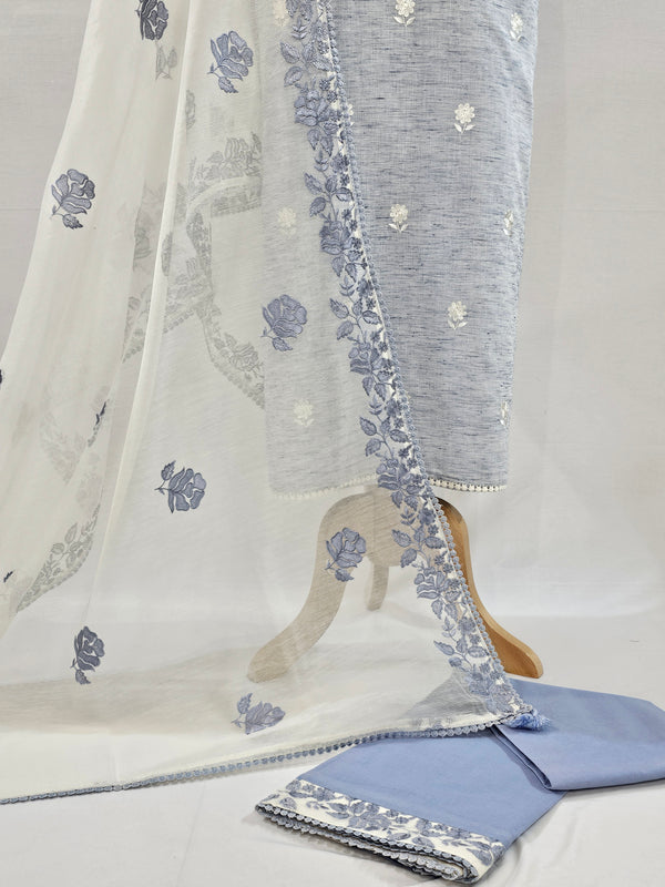 Soft Light Blue Cotton Unstitched Suit with Embroidered Neck and Kota Doria Dupatta