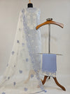 Soft Light Blue Cotton Unstitched Suit with Embroidered Neck and Kota Doria Dupatta