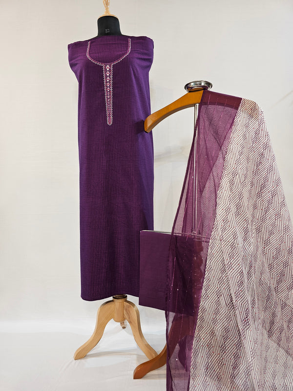 Elegant Purple Cotton Check Unstitched Suit with Real Mirror & Beadwork