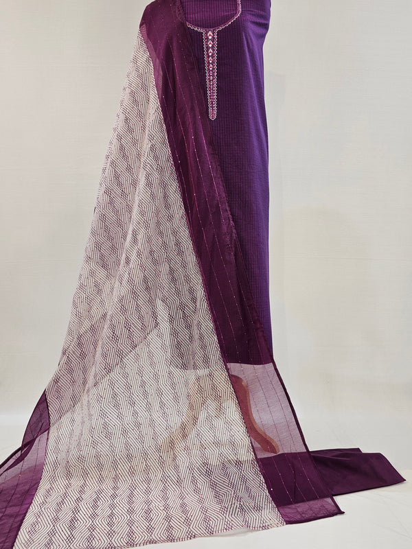 Elegant Purple Cotton Check Unstitched Suit with Real Mirror & Beadwork